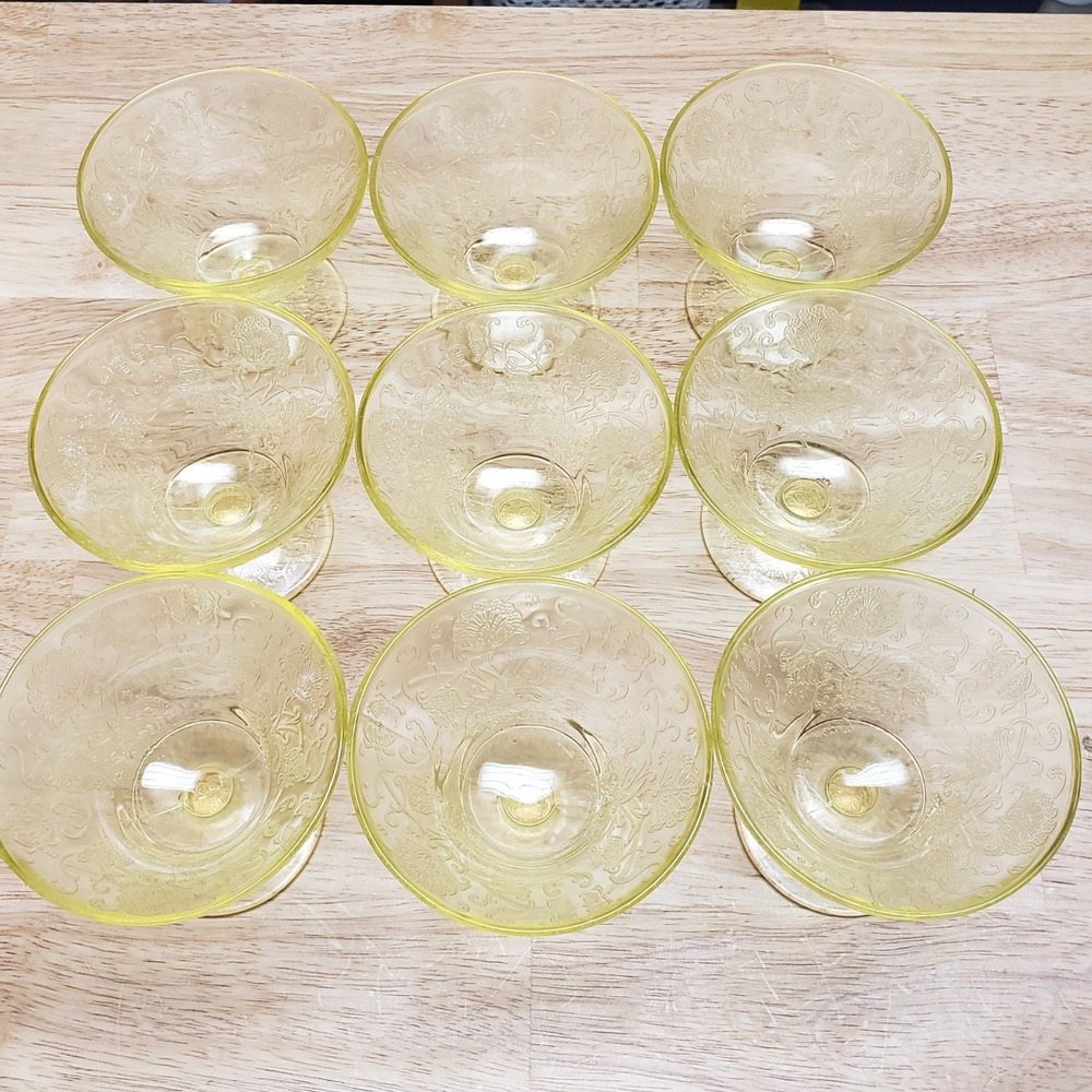 Depression Dessert Bowls Set of 9‎ Yellow Floral Etched Glass Footed Dishes